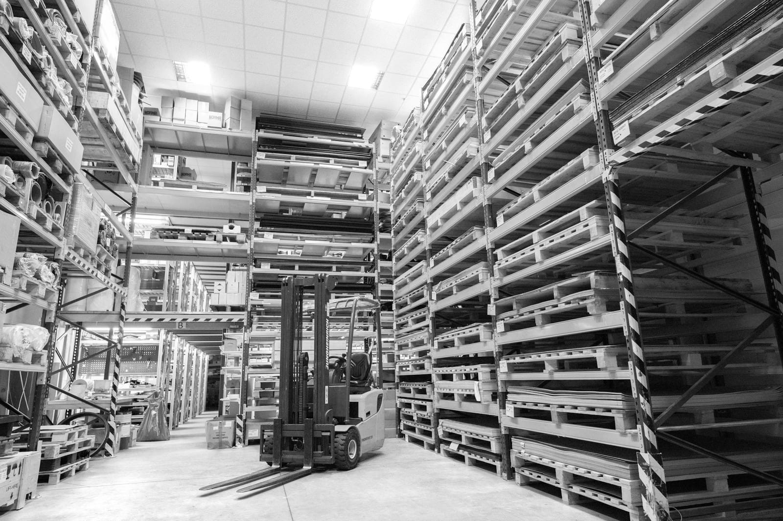 Storage warehouse, pallets lined up
