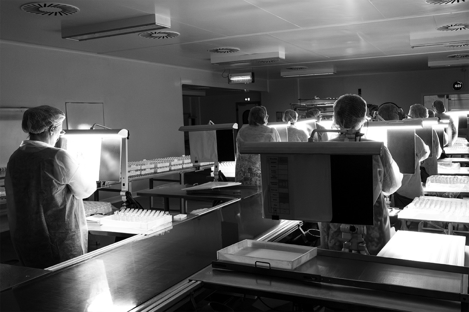 Salle de tri en activité : les équipes à leurs postes, sous les rampes lumineuses